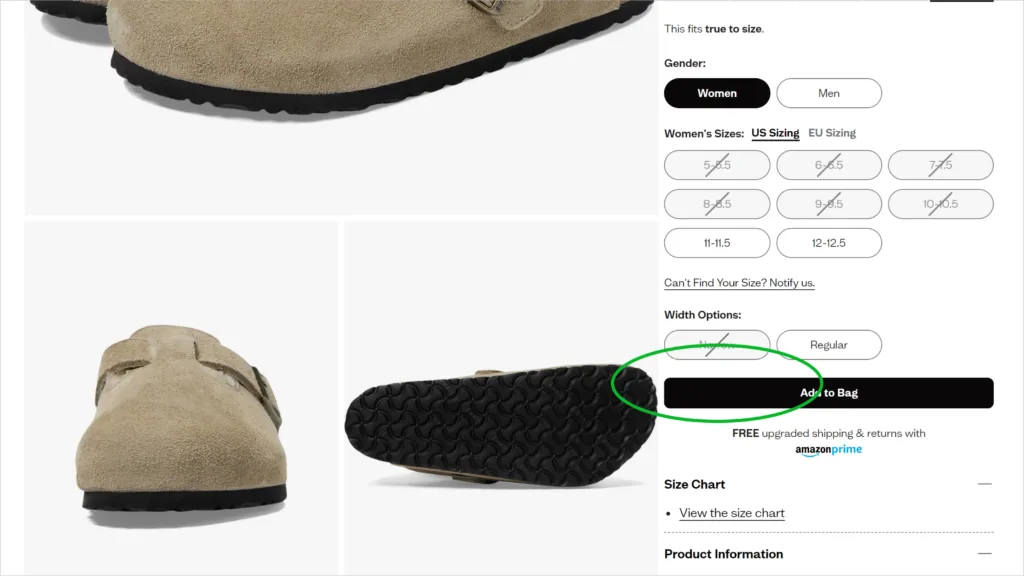 Página de produto da Zappos no computador com a frase FREE upgraded shipping and returns with Amazon Prime abaixo do botão Add to Bag