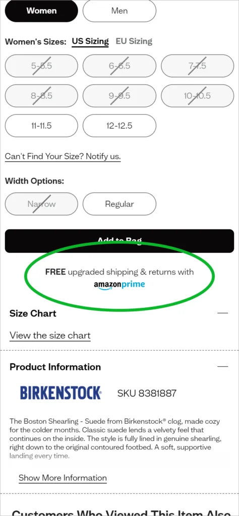 Página de produto da Zappos no celular com o aviso de frete e devolução grátis com Amazon Prime circulado