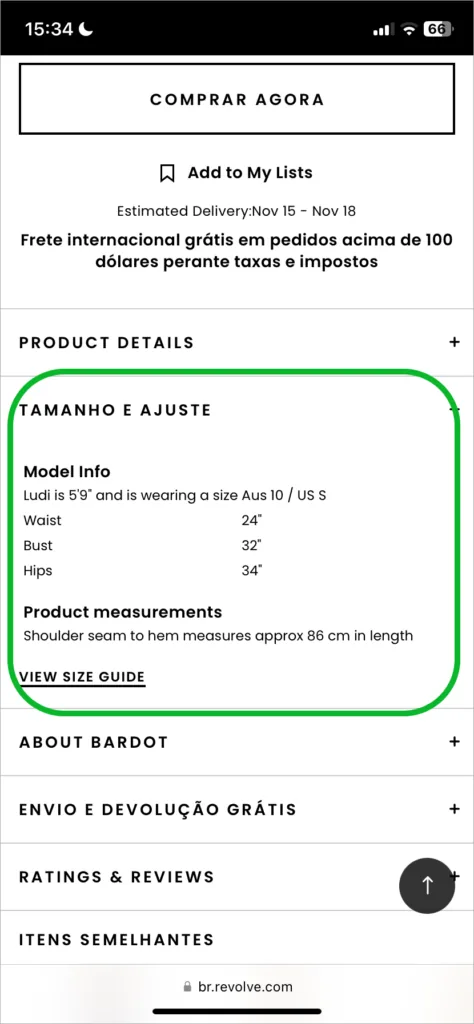 Seção Tamanho e ajuste da Revolve com a altura e as medidas da modelo, o tamanho que ela veste e o comprimento da peça