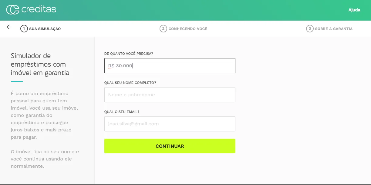 Primeira etapa do simulador de empréstimo da Creditas em 2020, com três campos (valor, nome e e-mail), barra com três etapas no topo e explicação do serviço à esquerda