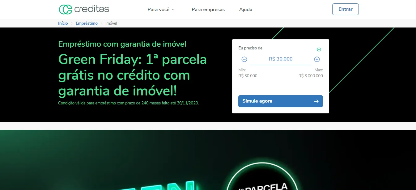 Página de empréstimo com garantia de imóvel da Creditas em novembro de 2020, com título de promoção Green Friday e caixa de simulação com o botão Simule agora