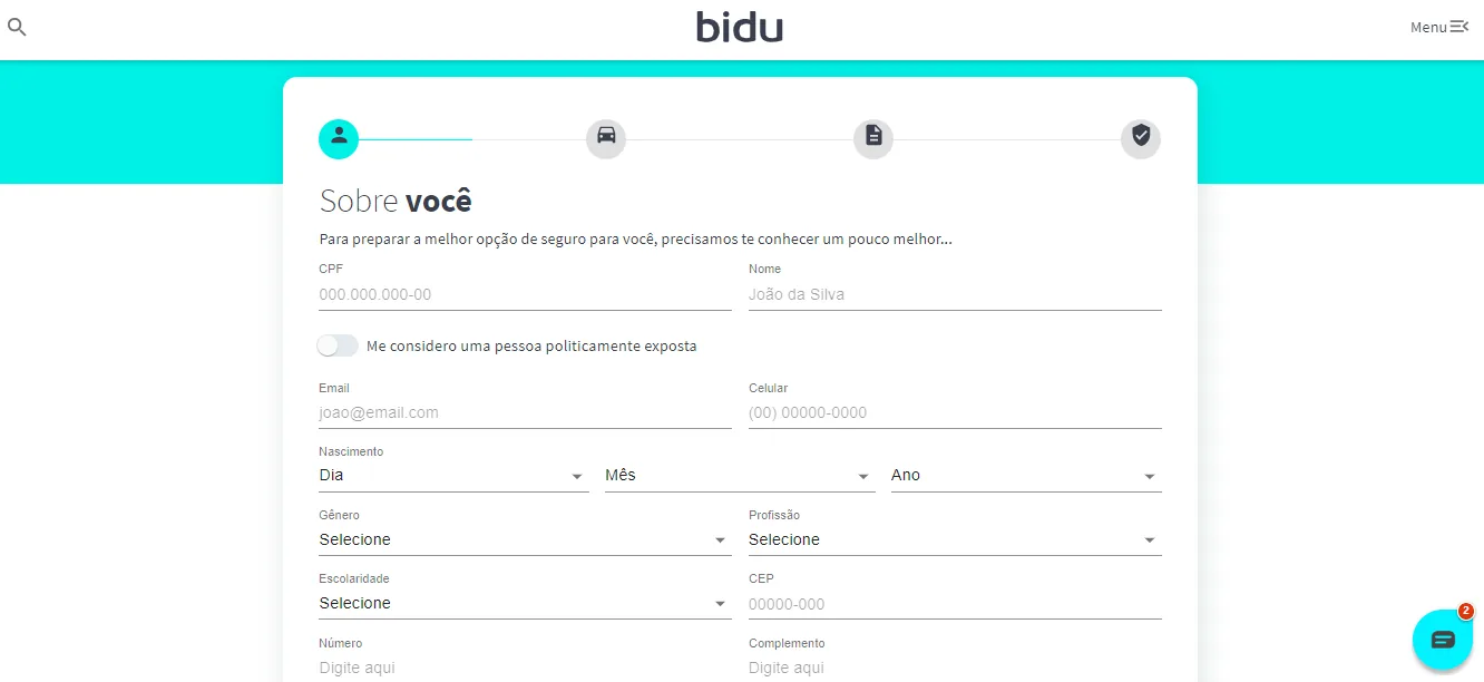 Formulário de cotação de seguro da Bidu em 2020, na etapa Sobre você, com vários campos de dados pessoais e ícones das quatro etapas no topo