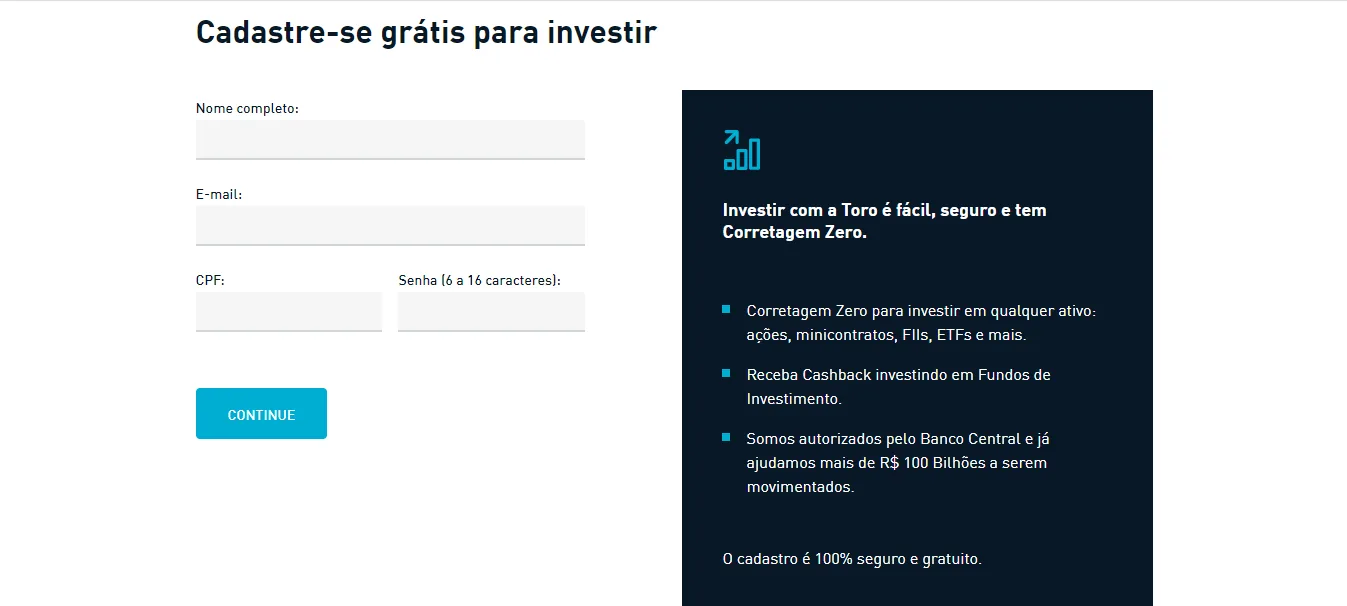 Formulário de cadastro da Toro Investimentos em 2020, com o título Cadastre-se grátis para investir e um quadro lateral com os benefícios da conta