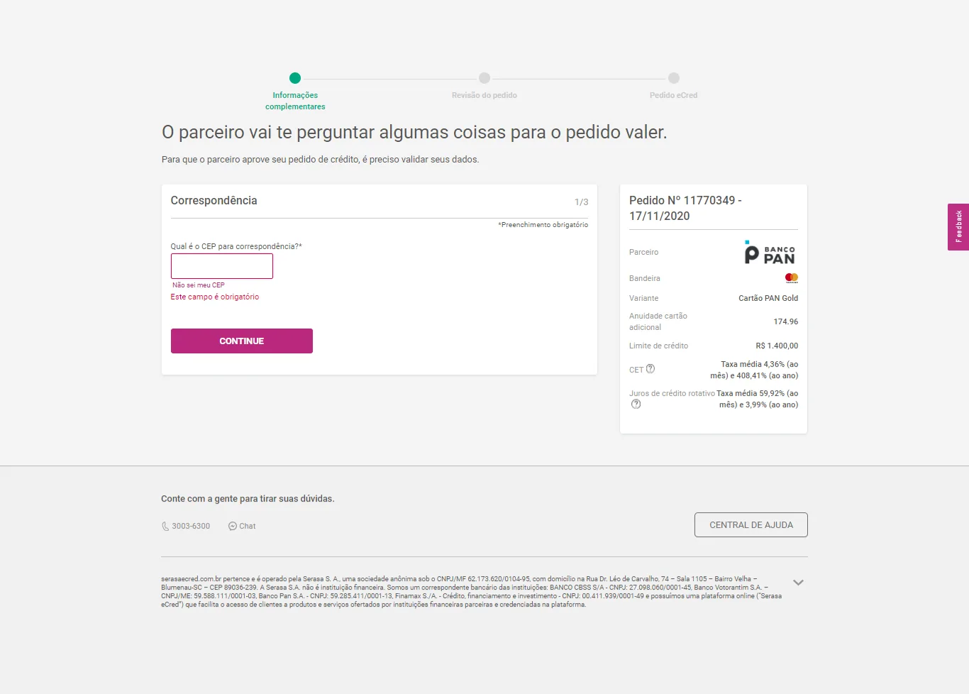 Formulário de pedido de cartão de crédito no site do Serasa em 2020, com barra de três etapas, resumo do pedido à direita e opções de telefone, chat e central de ajuda no rodapé