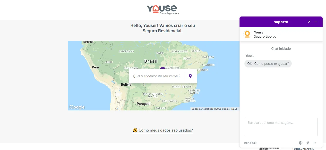 Formulário de seguro residencial da Youse em 2020, com campo de endereço sobre um mapa, janela de chat de suporte aberta e o link Como meus dados são usados?