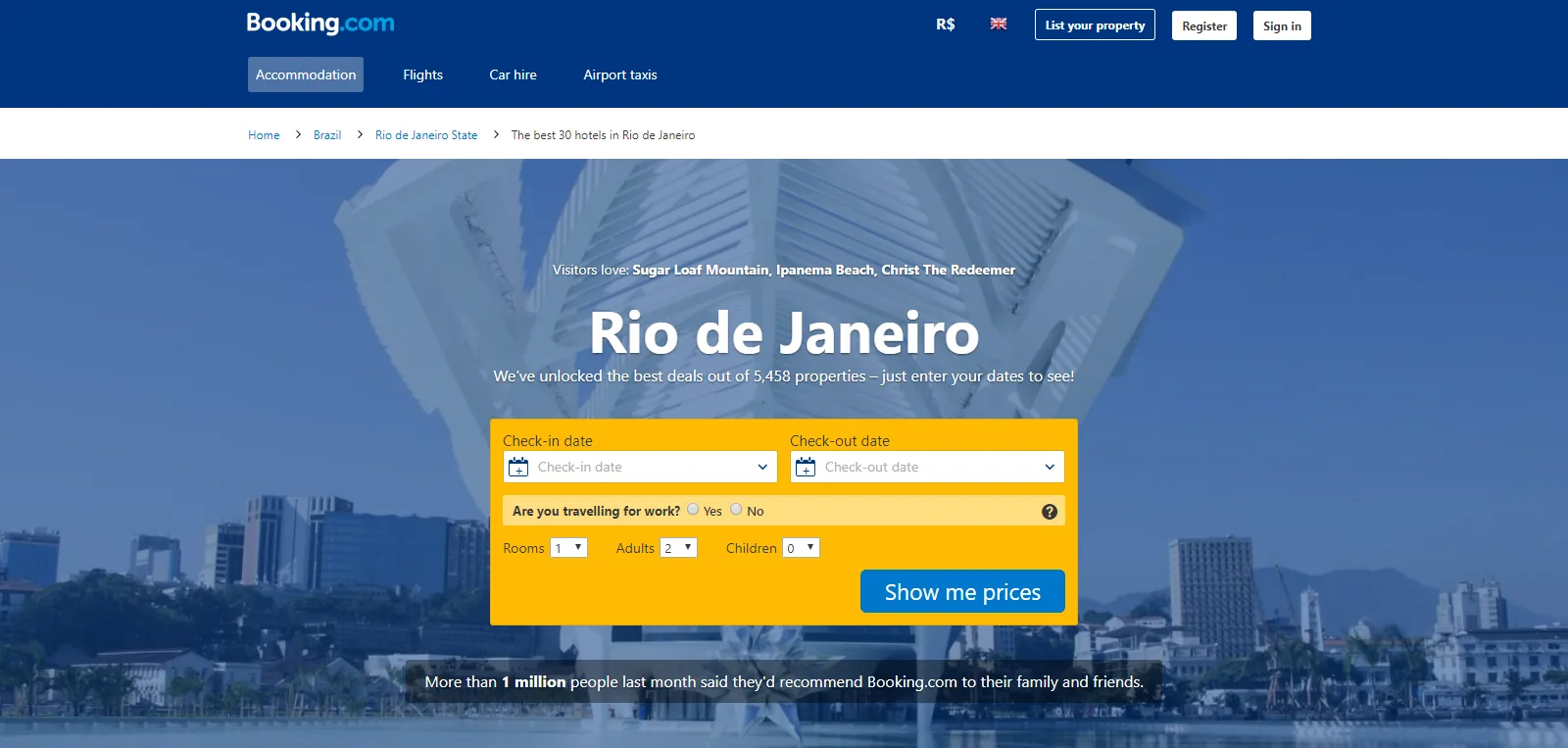Página do Booking.com para o Rio de Janeiro: nome da cidade em destaque e caixa amarela com datas de entrada e saída e botão para ver preços