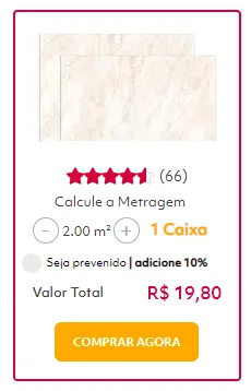 Cartão de produto da Telhanorte com avaliação em estrelas, cálculo de metragem, valor total e botão laranja Comprar agora