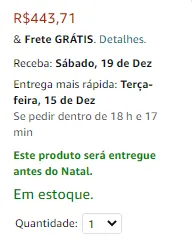 Detalhe de página de produto da Amazon: frete grátis, data de entrega, prazo em horas e minutos para pedir e receber mais rápido e aviso de produto em estoque