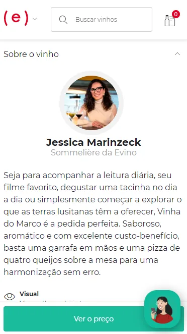 Página de produto da Evino no celular com foto e opinião da sommelière da loja sobre o vinho, acima do botão Ver o preço