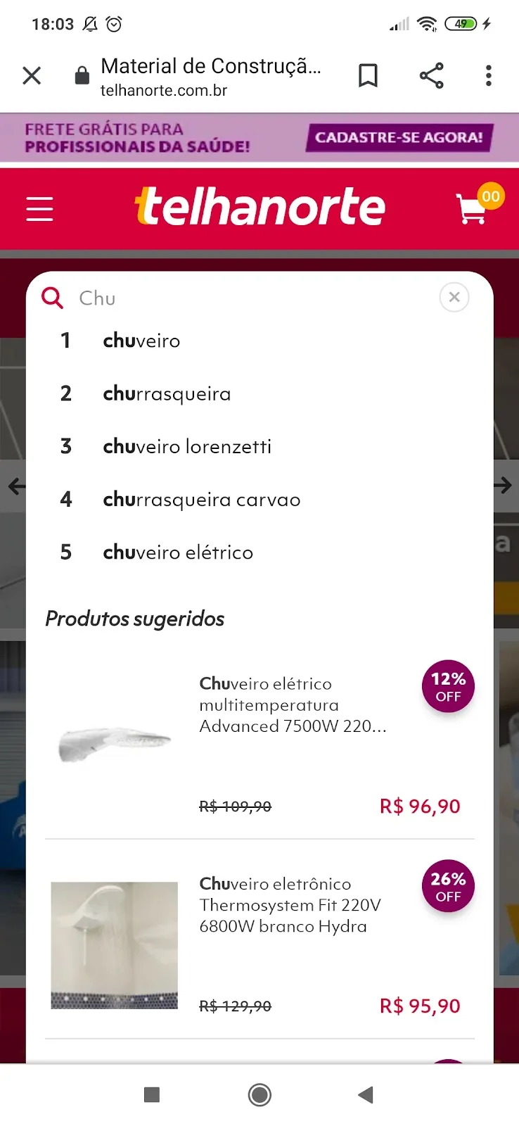 Busca da Telhanorte no celular: ao digitar Chu, cinco sugestões de termos e produtos sugeridos com preço e selo de desconto