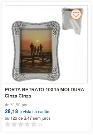 Cartão de produto da MadeiraMadeira com foto de porta-retrato, nome, preço, parcelamento e estrelas de avaliação ainda sem notas