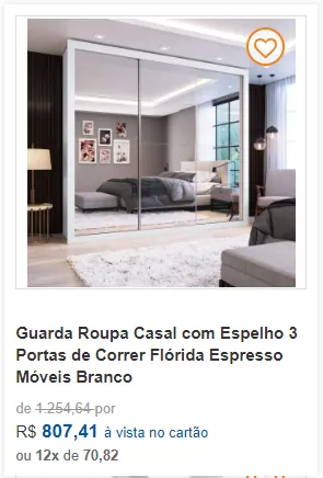Cartão de produto da MadeiraMadeira com foto de guarda-roupa, nome do produto, preço à vista e parcelamento em 12 vezes