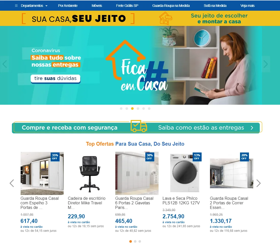 Página inicial da MadeiraMadeira com banner rotativo Fica em casa, faixa Compre e receba com segurança e vitrine de ofertas com desconto