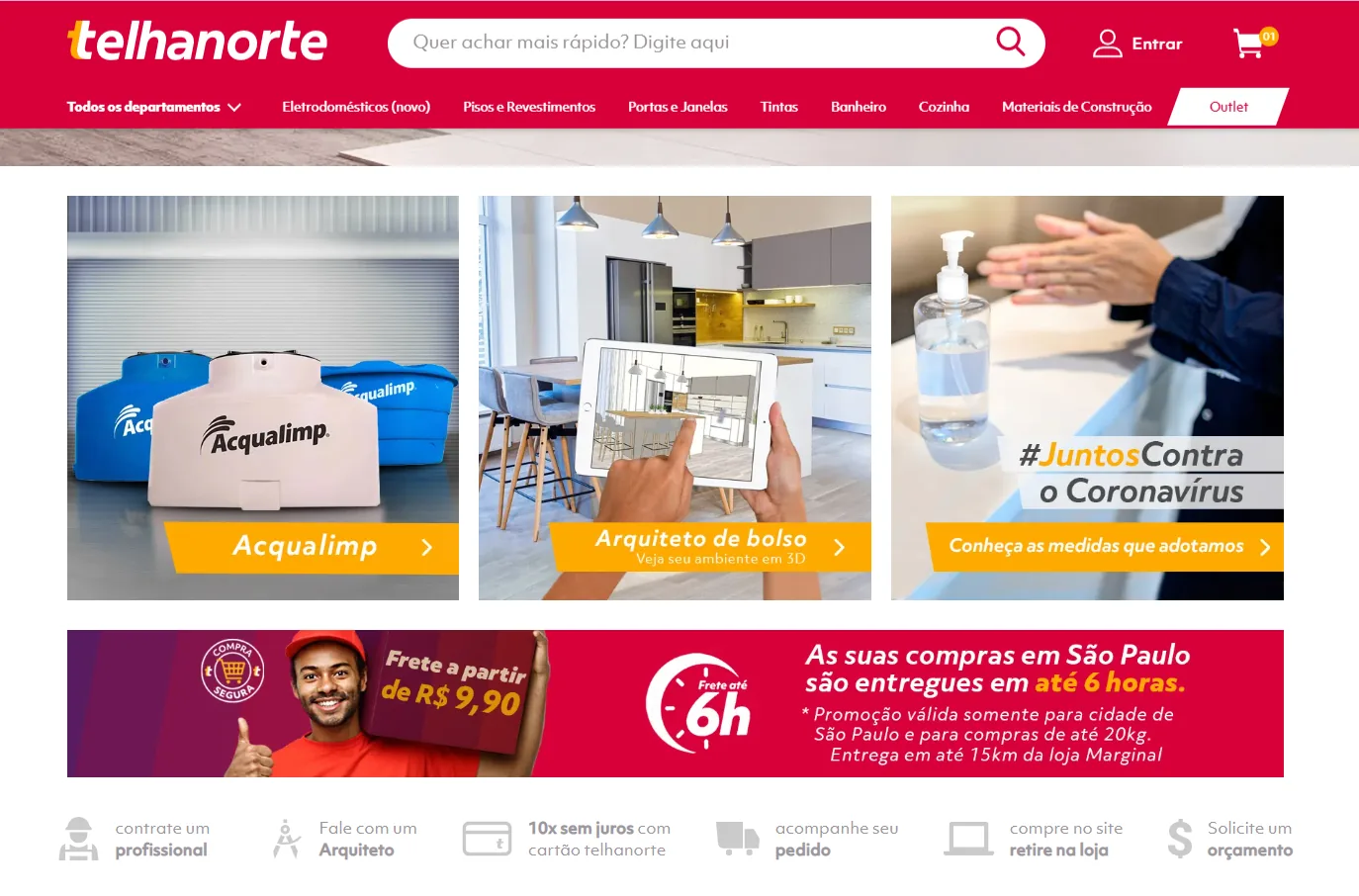 Página inicial da Telhanorte com três banners, faixa de entrega em até 6 horas em São Paulo e linha de vantagens como 10x sem juros e retirada na loja