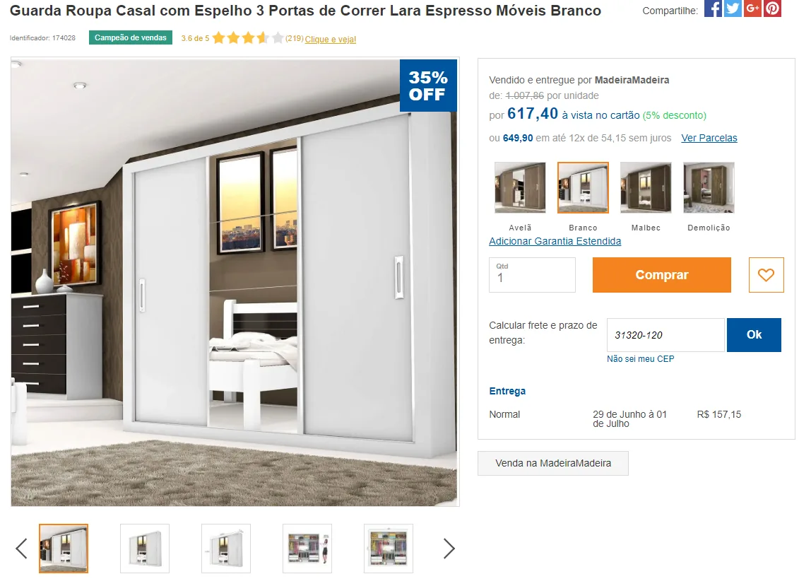 Página de produto da MadeiraMadeira: foto de guarda-roupa, preço, opções de cor, botão Comprar e cálculo de frete na primeira dobra