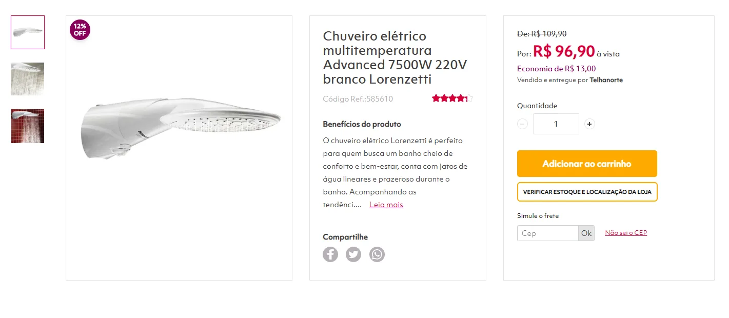 Página de produto da Telhanorte: foto de chuveiro, bloco Benefícios do produto com descrição resumida, estrelas, preço e botão Adicionar ao carrinho