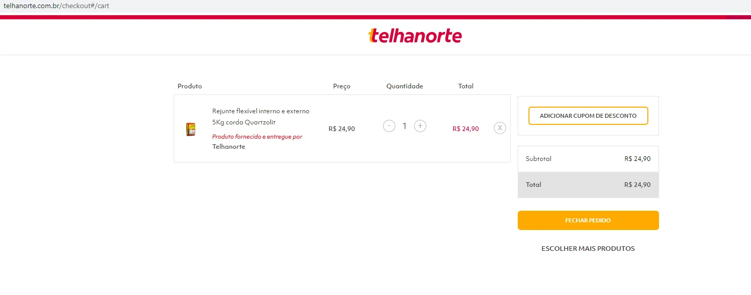 Carrinho da Telhanorte com um produto, campo de cupom de desconto, subtotal, total e botão Fechar pedido