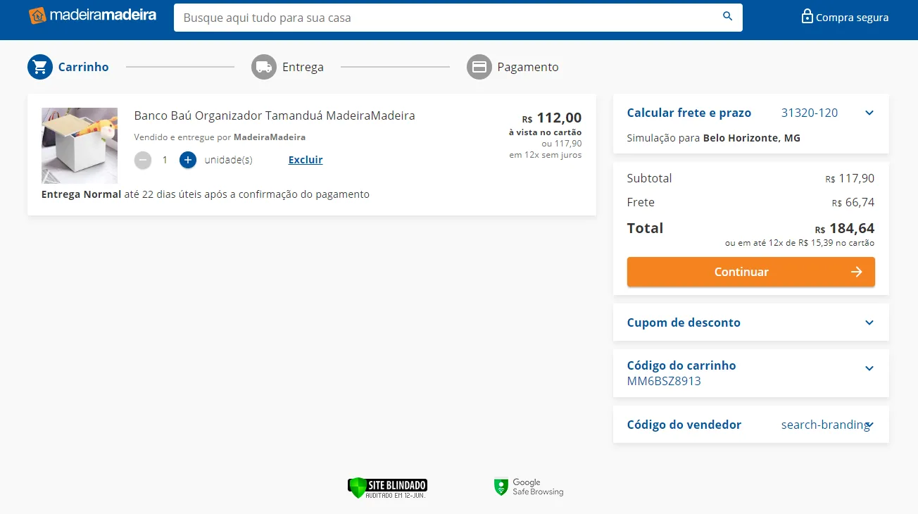 Carrinho da MadeiraMadeira com barra de busca no topo, etapas Carrinho, Entrega e Pagamento, resumo do pedido e botão Continuar