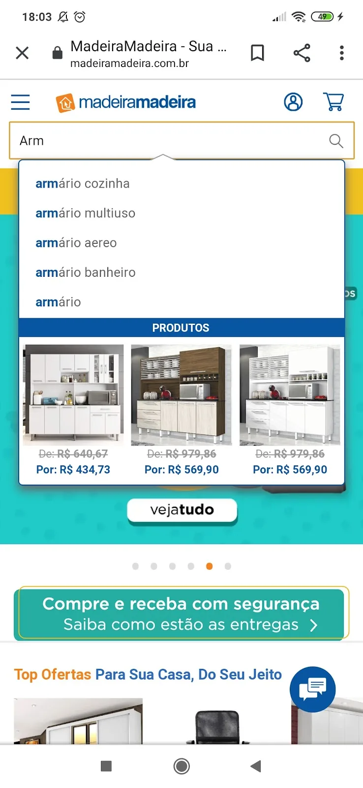 Busca da MadeiraMadeira no celular: ao digitar Arm, sugestões de armário e três produtos com preço antigo e preço atual