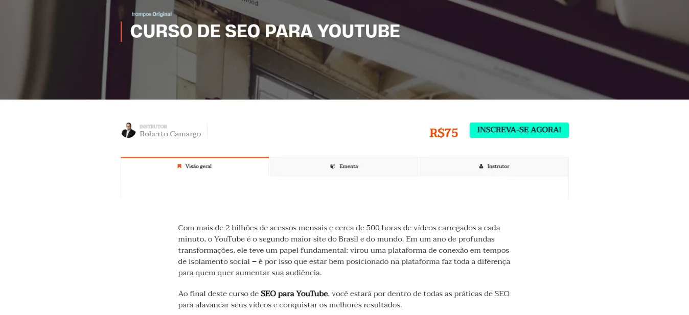 Página de um curso de SEO para YouTube: nome do instrutor, preço, botão Inscreva-se agora e um texto de abertura sobre o tamanho da audiência da plataforma