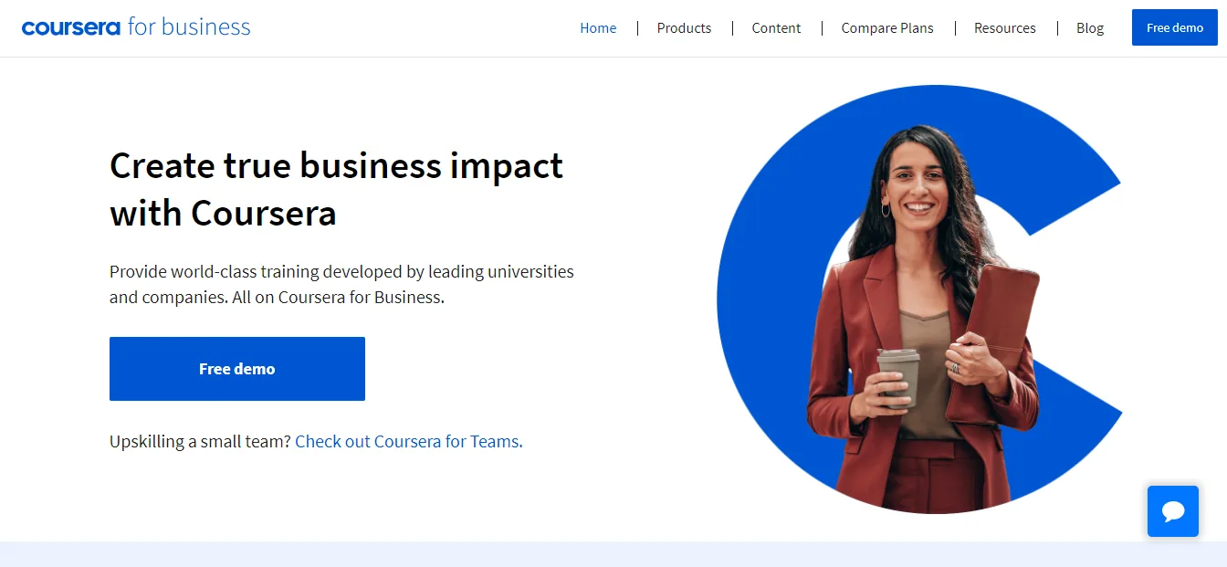 Página do Coursera para empresas em 2021: título em inglês sobre impacto no negócio e dois botões Free demo, com pouca explicação sobre a demonstração