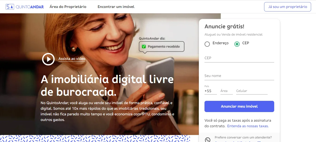 Página do QuintoAndar para proprietários, com o título A imobiliária digital livre de burocracia e o formulário Anuncie grátis ao lado