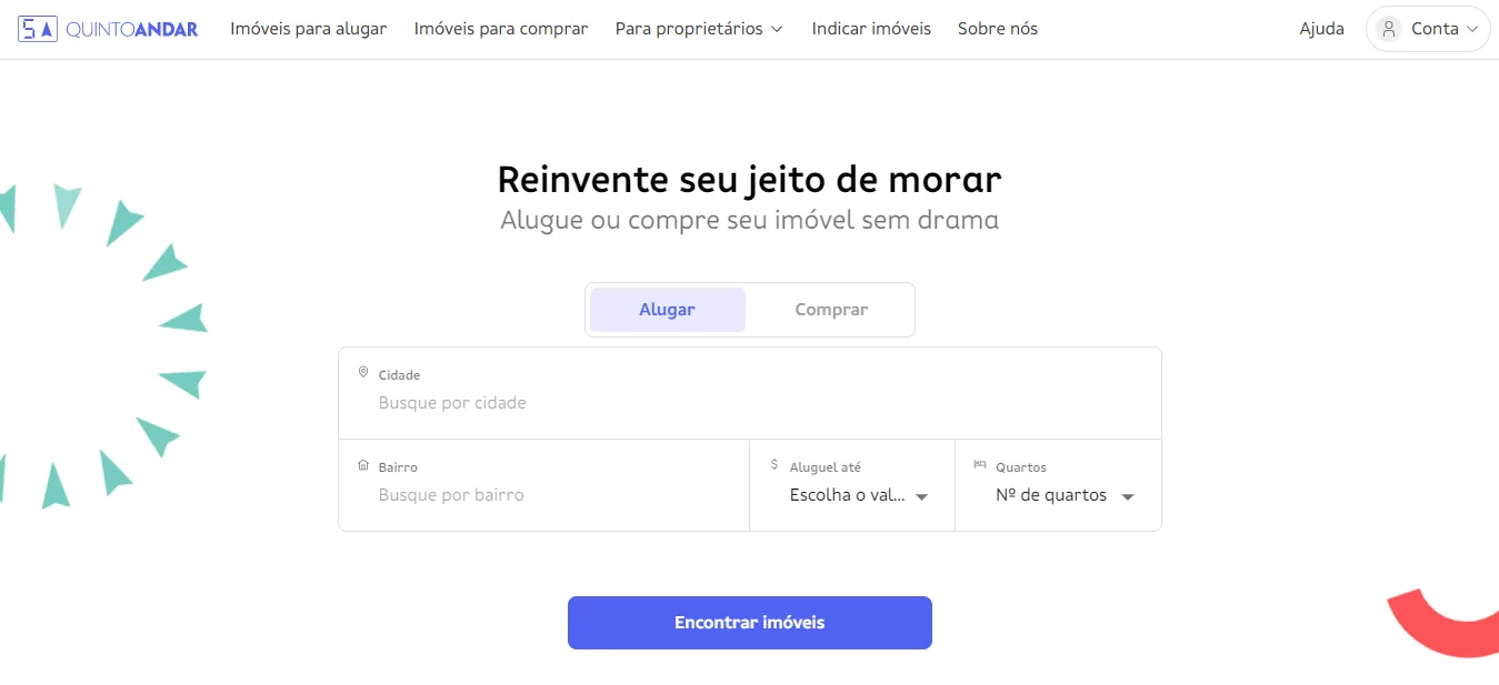 Página do QuintoAndar para quem procura imóvel, com o título Reinvente seu jeito de morar e a busca por cidade, bairro, valor do aluguel e quartos