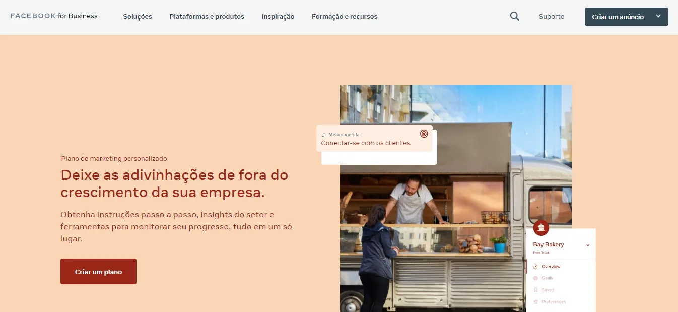 Página Facebook for Business em 2021, com o título Deixe as adivinhações de fora do crescimento da sua empresa e o botão Criar um plano