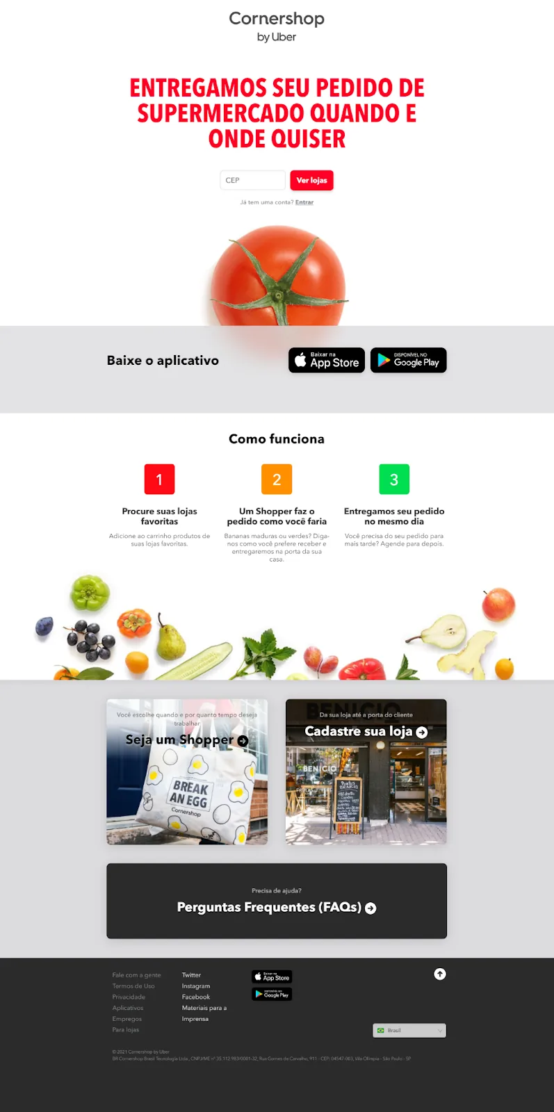 Landing page da Cornershop em 2021, com o título Entregamos seu pedido de supermercado quando e onde quiser, campo de CEP e botão Ver lojas