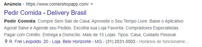 Anúncio da Cornershop no Google para a busca pedir comida, com o título Pedir Comida, Delivery Brasil e a descrição Compre sem sair de casa