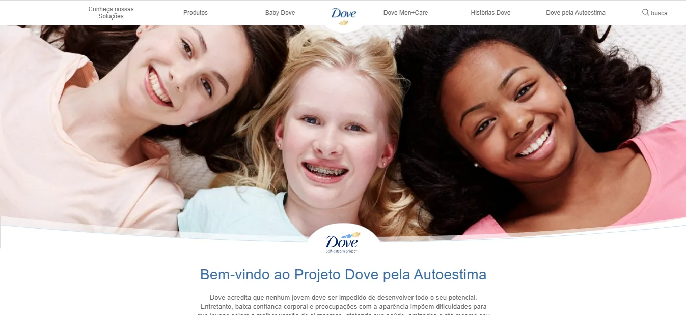 Página do site da Dove Brasil com três adolescentes sorrindo e o título Bem-vindo ao Projeto Dove pela Autoestima