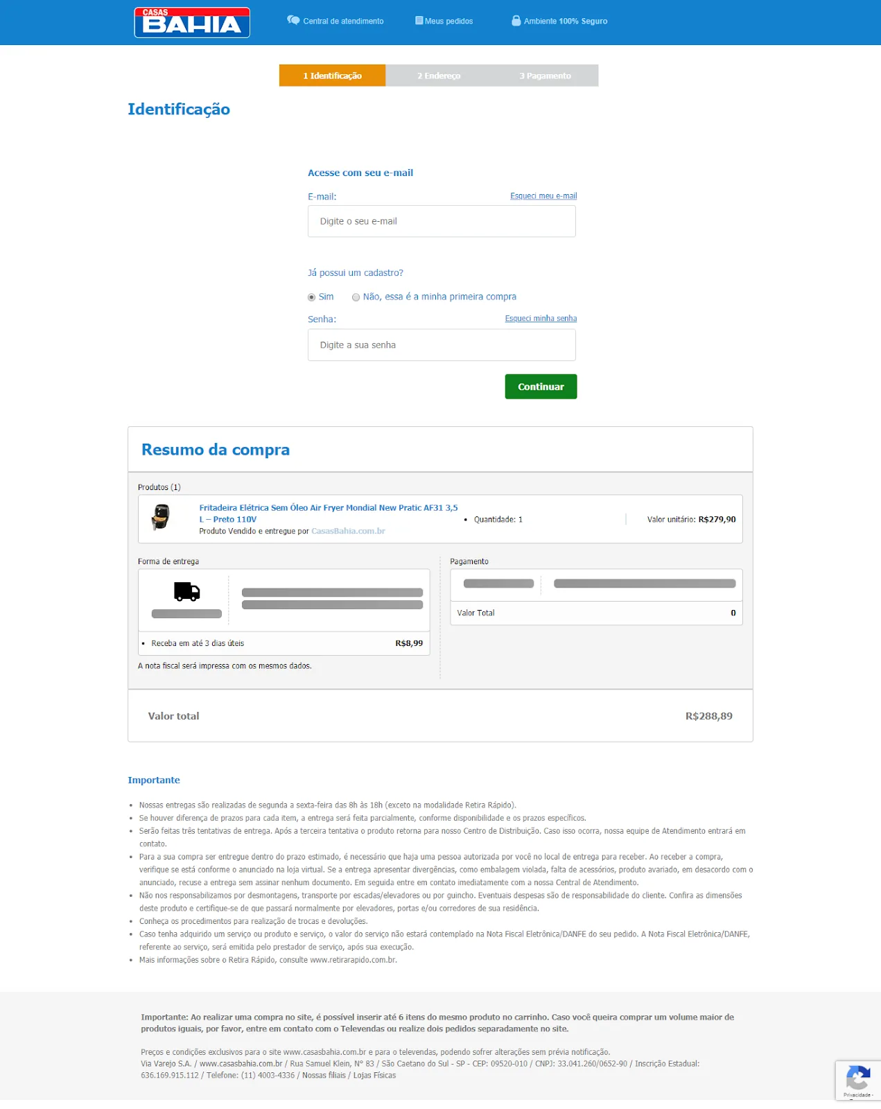 Etapa de identificação do checkout da Casas Bahia, com as etapas numeradas no topo, campos de e-mail e senha e o resumo da compra com frete e prazo