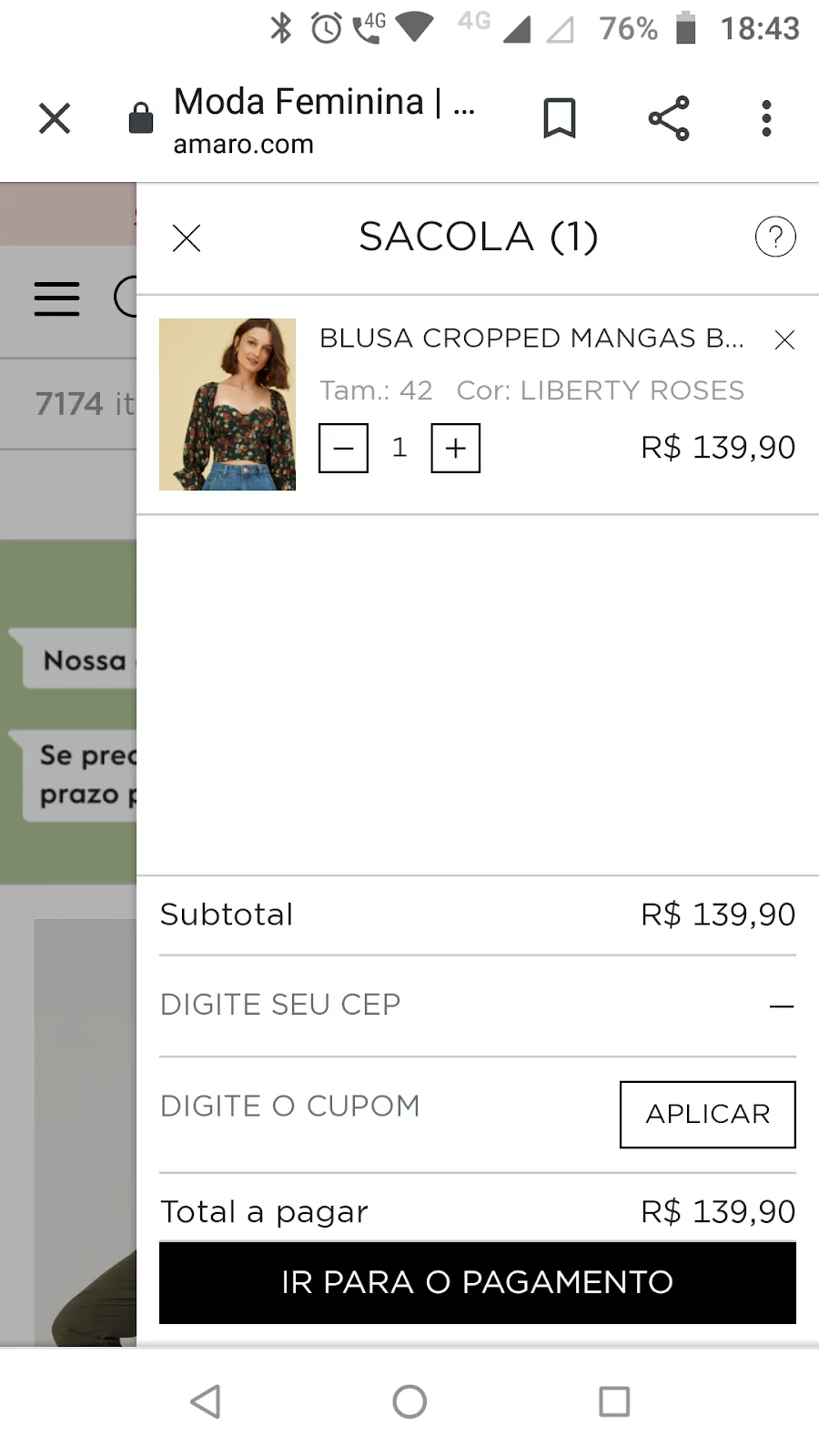 Sacola da Amaro aberta em aba lateral no celular, com o produto, os campos de CEP e cupom e o botão Ir para o pagamento