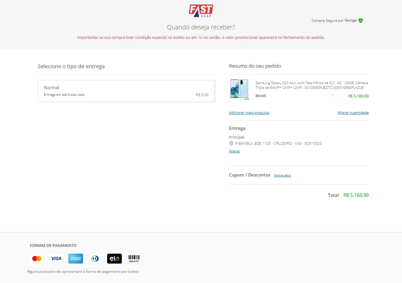 Tela de entrega da Fast Shop com o tipo de entrega Normal em até 8 dias úteis, o resumo do pedido, o endereço e o total