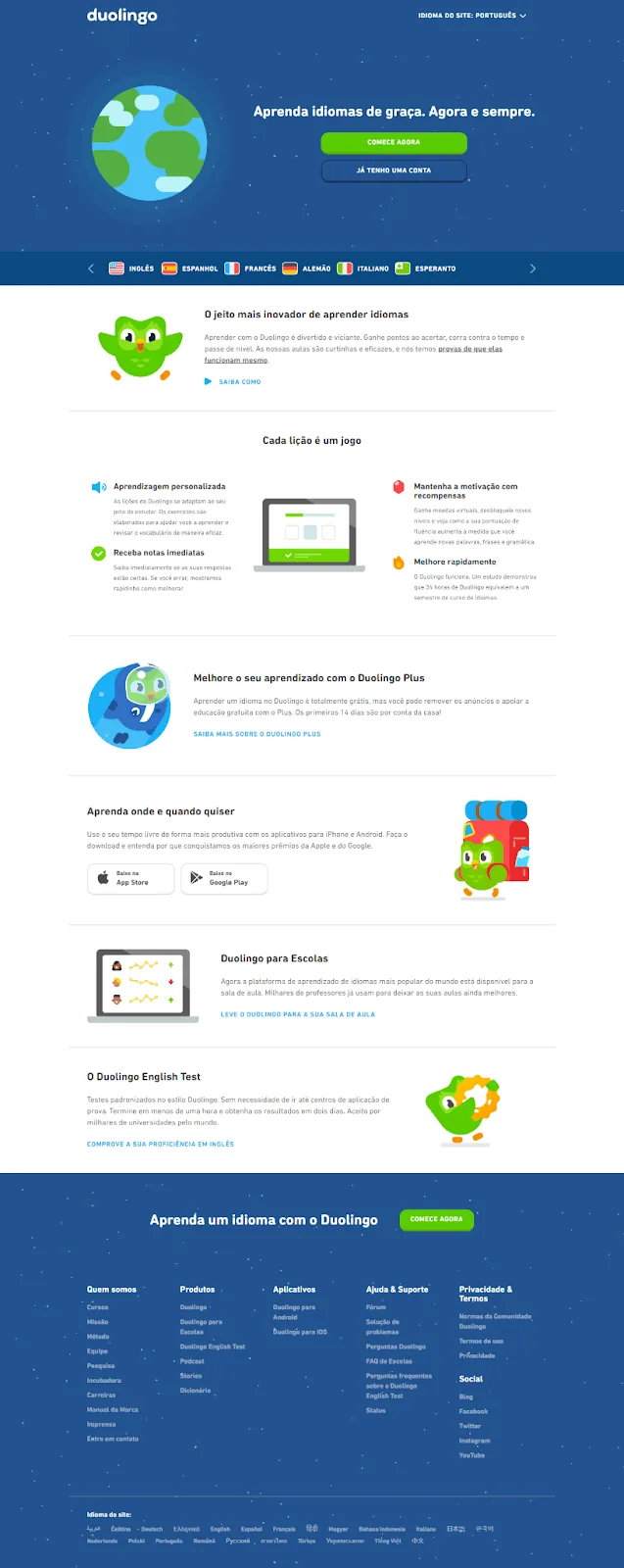 Landing page do Duolingo em 2021, com o título Aprenda idiomas de graça. Agora e sempre, o botão Comece agora e a faixa com os idiomas disponíveis