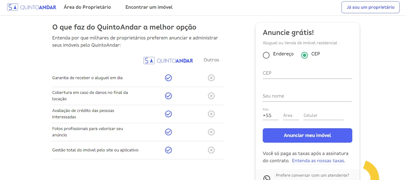 Página do QuintoAndar para proprietários, com tabela que compara a plataforma com outras opções em cinco itens e o formulário Anuncie grátis fixo à direita