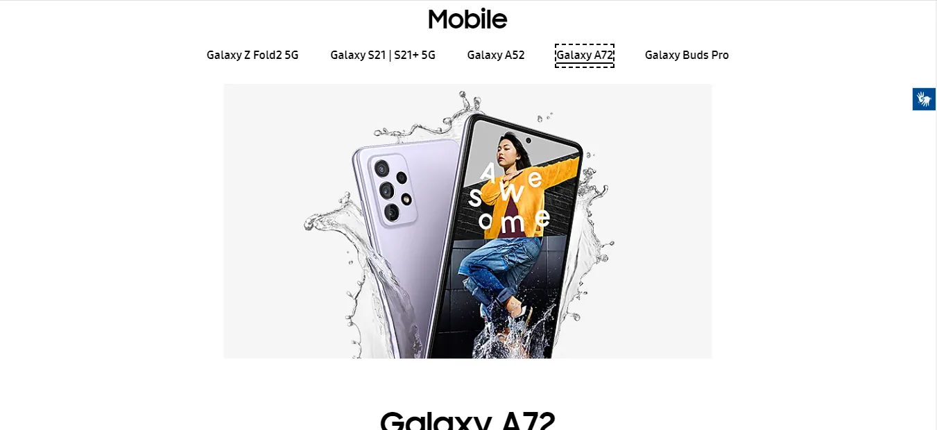 Galeria Mobile no site da Samsung em 2021, com abas para alternar entre os modelos Galaxy e a foto do Galaxy A72 em destaque