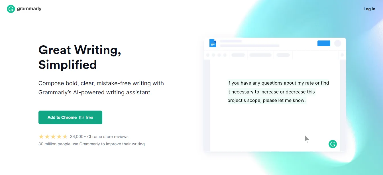 Página do Grammarly em 2021, com o título Great Writing, Simplified, o botão verde Add to Chrome, It's free e as avaliações da loja do Chrome logo abaixo