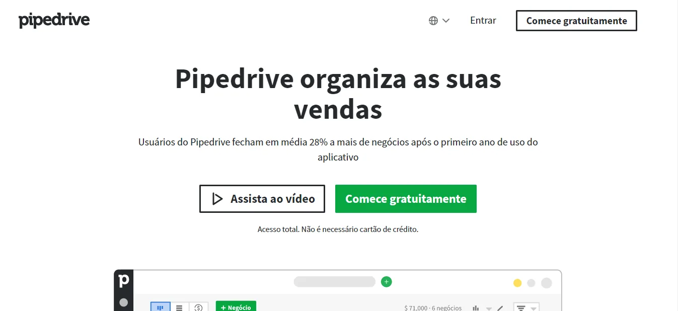 Página do Pipedrive em 2021, com o título Pipedrive organiza as suas vendas, o botão Comece gratuitamente e o aviso de que o cartão de crédito é dispensado