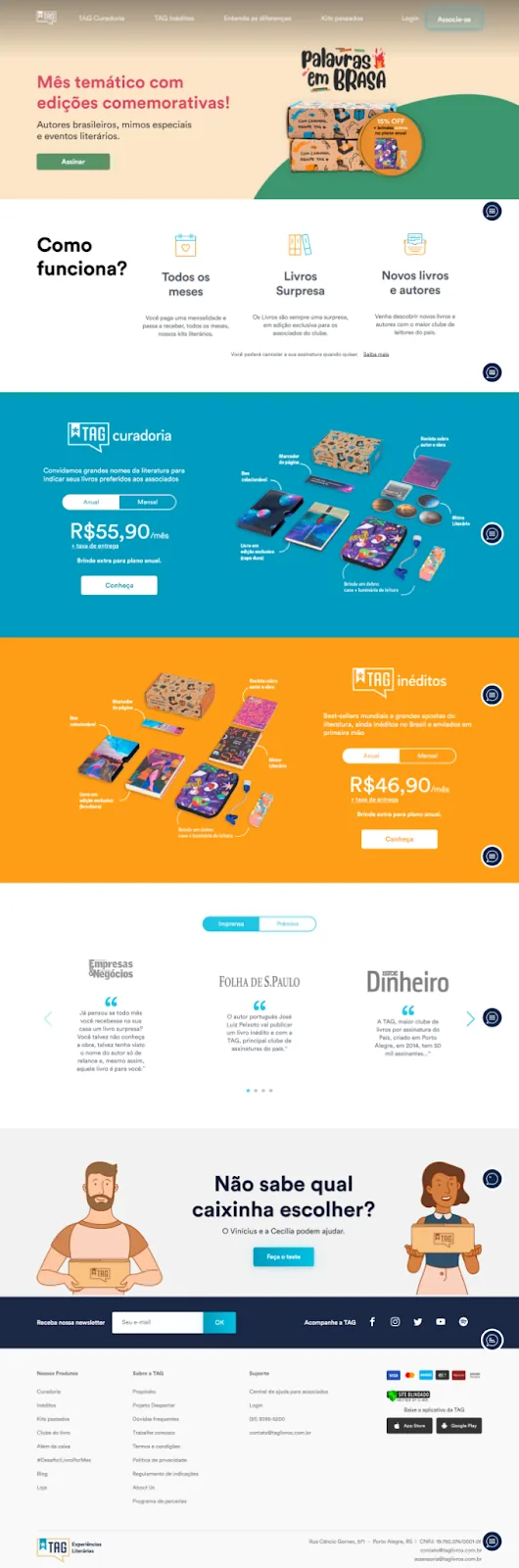 Landing page da TAG, clube de assinatura de livros, em 2021, com os blocos Como funciona, os dois planos com as caixas ilustradas e os preços, e citações da imprensa