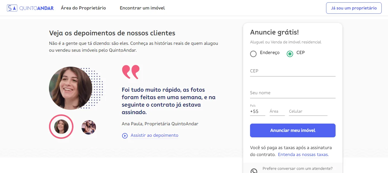 Página do QuintoAndar para proprietários, com o depoimento de uma cliente que conta que as fotos foram feitas em uma semana e o contrato foi assinado na seguinte