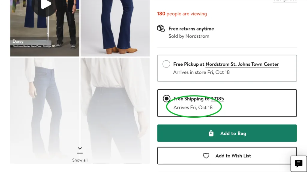 Página de produto da Nordstrom no computador com a opção Free Shipping e a data Arrives Fri, Oct 18 circulada
