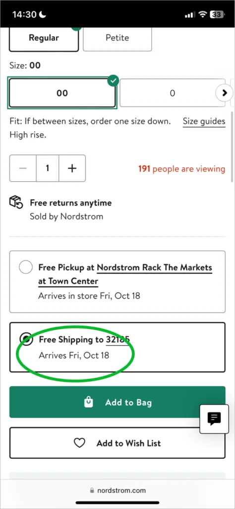 Página de produto da Nordstrom no celular com a data de chegada Arrives Fri, Oct 18 abaixo da opção de frete grátis