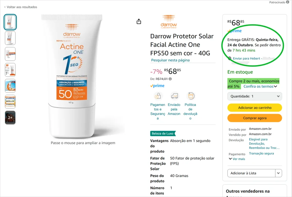 Página de produto da Amazon no computador com entrega grátis na quinta-feira, 24 de outubro, para pedidos feitos em até 7 horas e 43 minutos