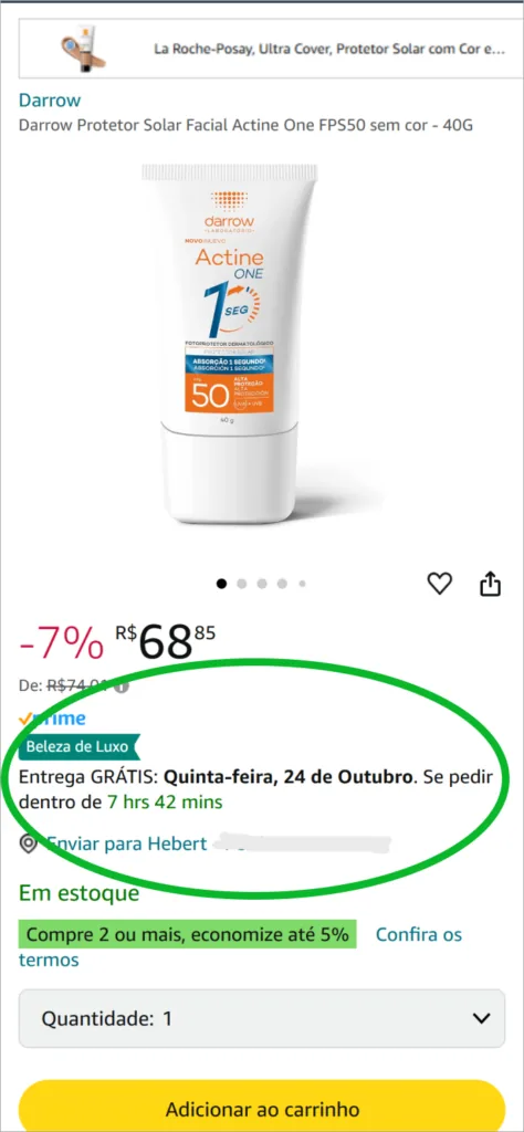 Página de produto da Amazon no celular com a data de entrega grátis e o tempo restante para fazer o pedido