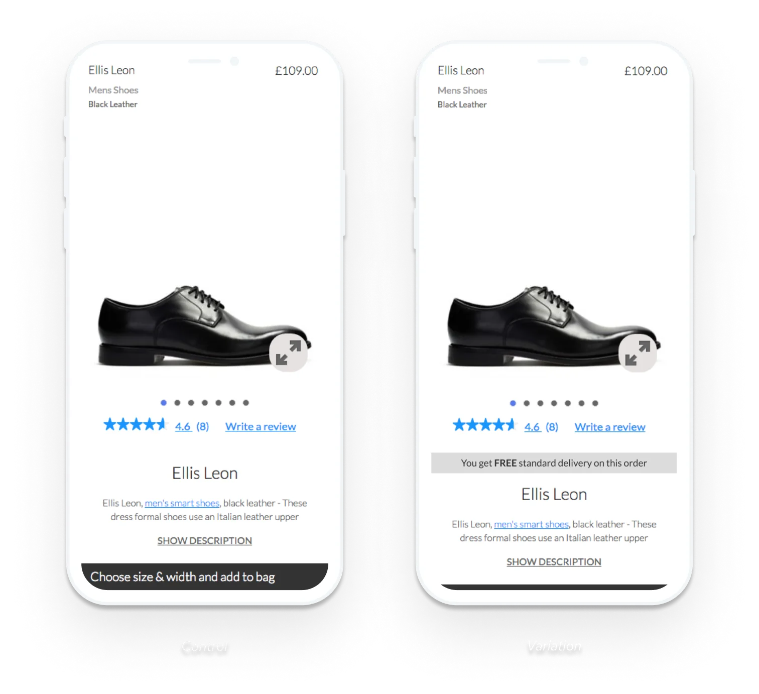 Teste na página de produto da Clarks no celular: a variação mostra a faixa You get FREE standard delivery on this order abaixo das avaliações