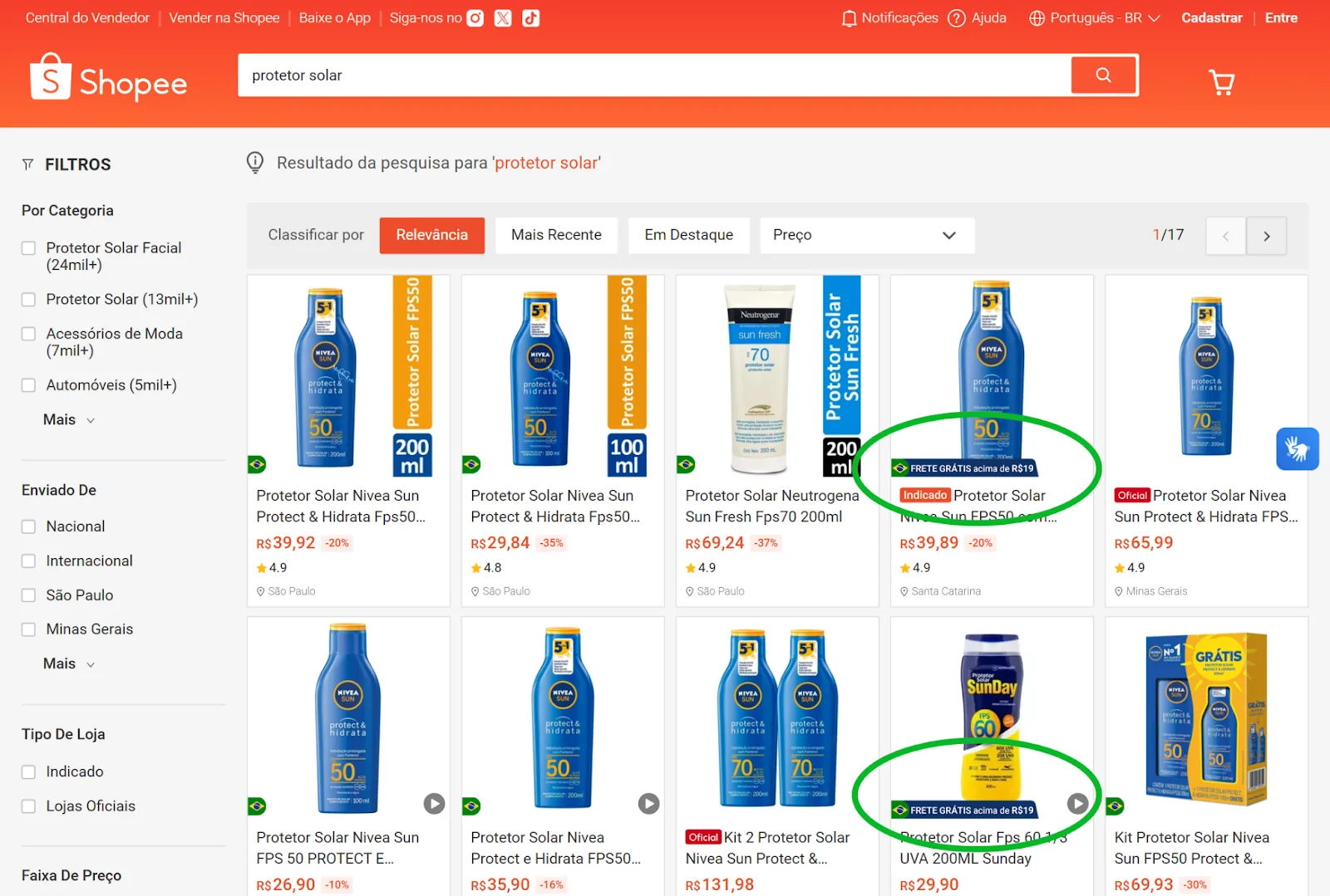 Resultado de busca da Shopee para protetor solar, com a etiqueta Frete grátis acima de R$ 19 circulada em dois produtos