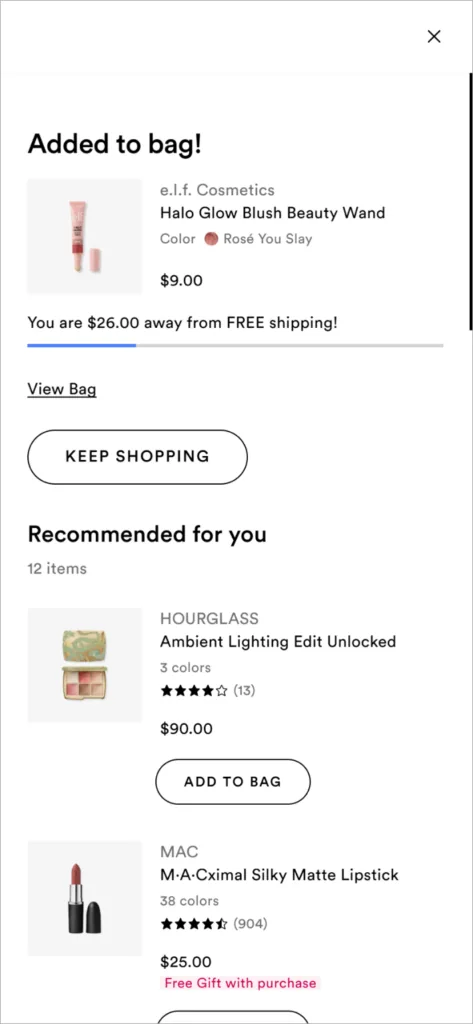 Painel Added to bag da Ulta Beauty no celular, com o valor que falta para o frete grátis e barra de progresso