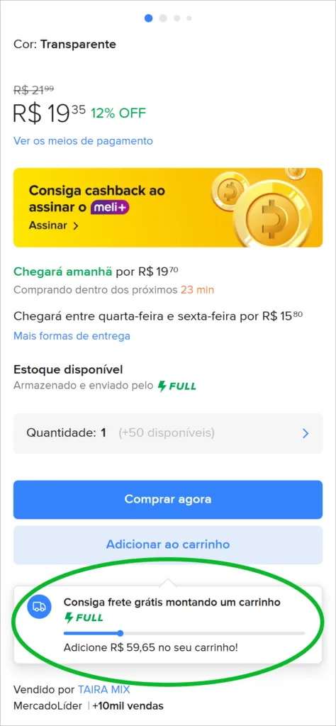 Página de produto do Mercado Livre no celular com o aviso Consiga frete grátis montando um carrinho e barra de progresso