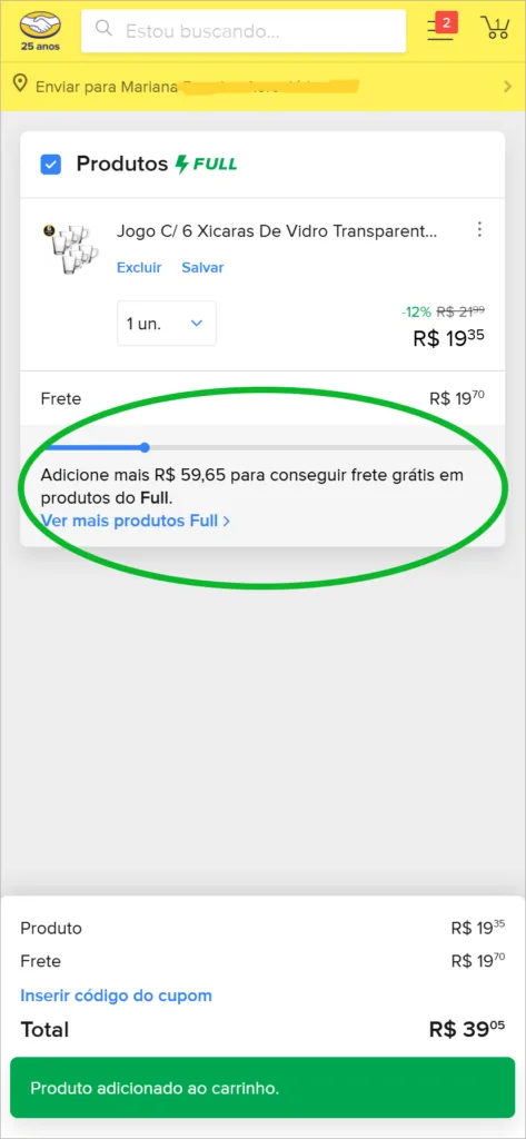Carrinho do Mercado Livre no celular com barra de progresso e o texto Adicione mais R$ 59,65 para conseguir frete grátis